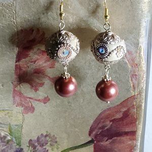 Boho Champagne Cream Bead & Glass Pearl Bead Dangle Earrings.